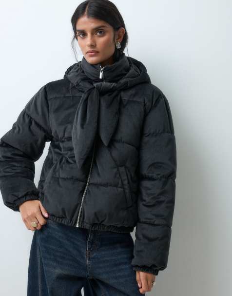 Miss Selfridge velvet tie neck puffer coat in black - view 1