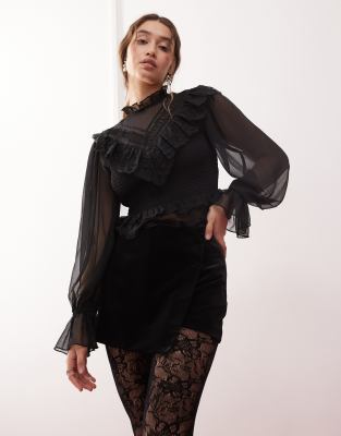 velvet wrap button detail skort in black