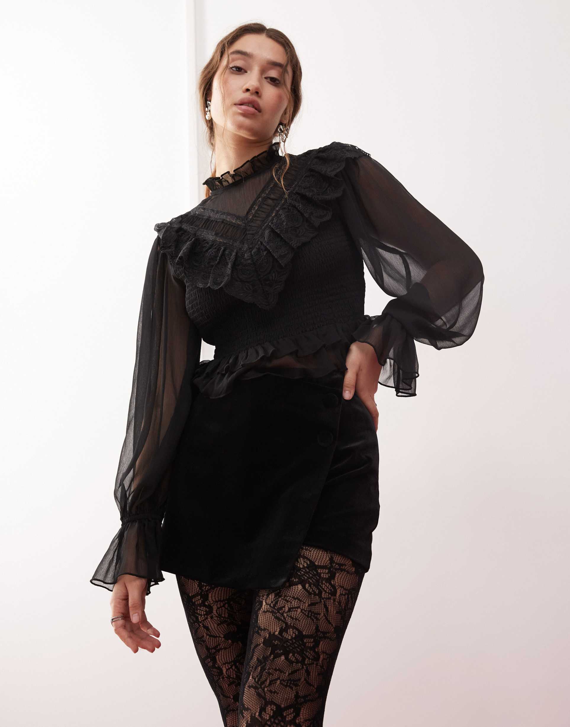 miss selfridge velvet wrap button detail skort in black