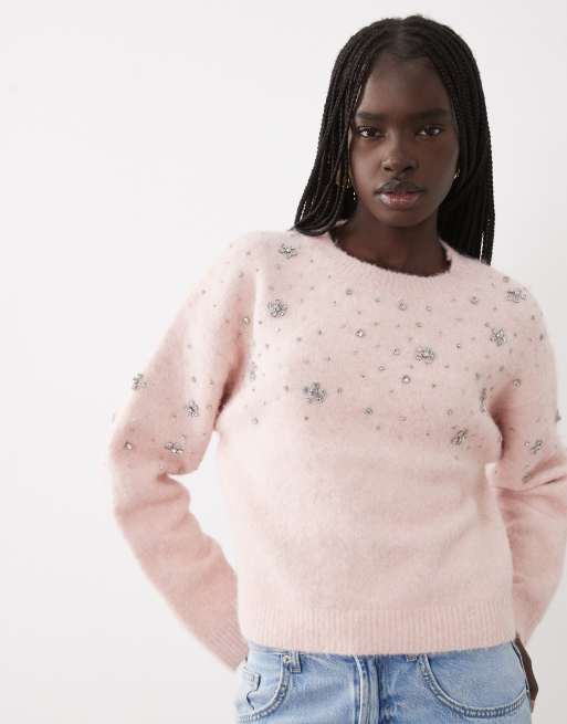 Miss Selfridge verzierter Pullover mit Blumenperlen in Pink, 3 von 4