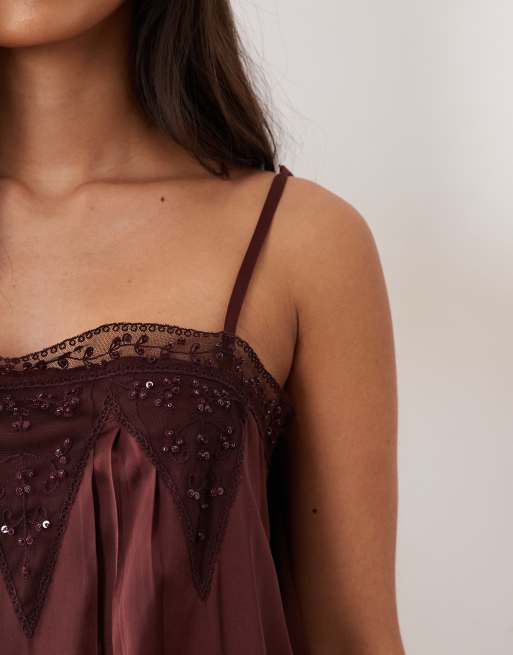 Miss Selfridge – Verziertes Minikleid aus Satin in Schokobraun, 2 von 4