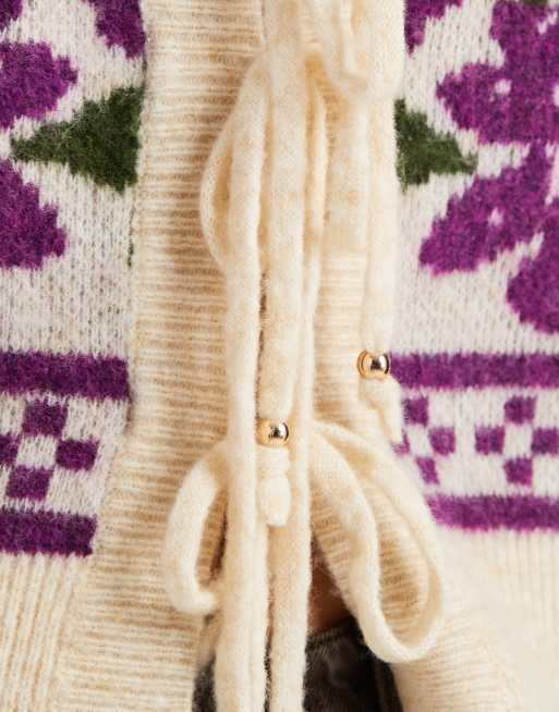 Miss Selfridge - Vest met pofmouwen en gestrikte voorkant in multi, 3 van 4
