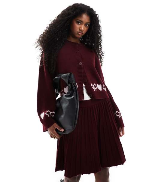 Miss Selfridge - Vest met print van hartjes en strikjes in bordeauxrood, deel van co-ord set - view 1