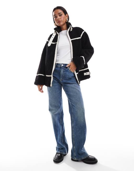 Miss Selfridge - Veste aviateur imitation peau de mouton - Noir