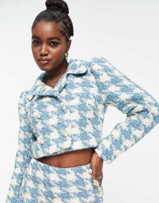 Miss Selfridge double breasted dogtooth cropped jacket co-ord in blue - ASOS Price Checker