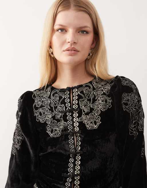 Miss Selfridge - Veste en velours à manches bouffantes avec broderies - Noir, 2 de 4