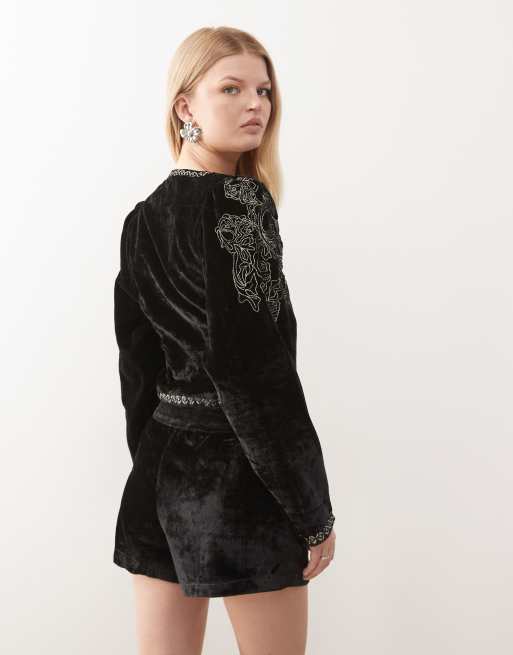 Miss Selfridge - Veste en velours à manches bouffantes avec broderies - Noir, 4 de 4