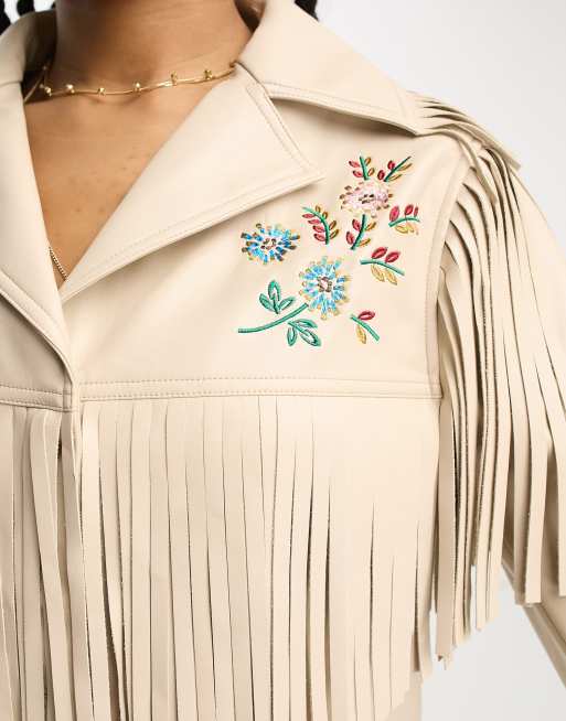 Miss Selfridge - Veste longue imitation cuir à franges et broderies - Taupe, 3 de 4