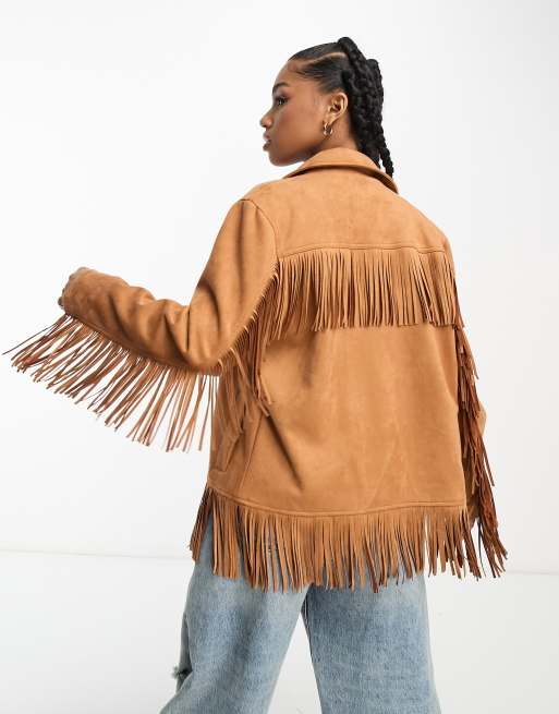 Miss Selfridge - Veste longue style western en daim à franges - Fauve , 2 de 4