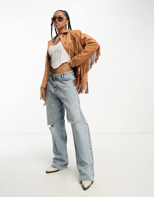 Miss Selfridge - Veste longue style western en daim à franges - Fauve , 3 de 4