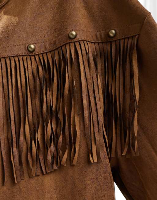 Miss Selfridge - Veste mi-longue en suédine à franges - Fauve, 3 de 4