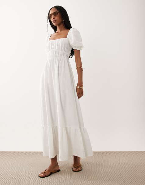Miss Selfridge - Vestido largo blanco de estilo mesonera con mangas abullonadas de sirsaca - view 1