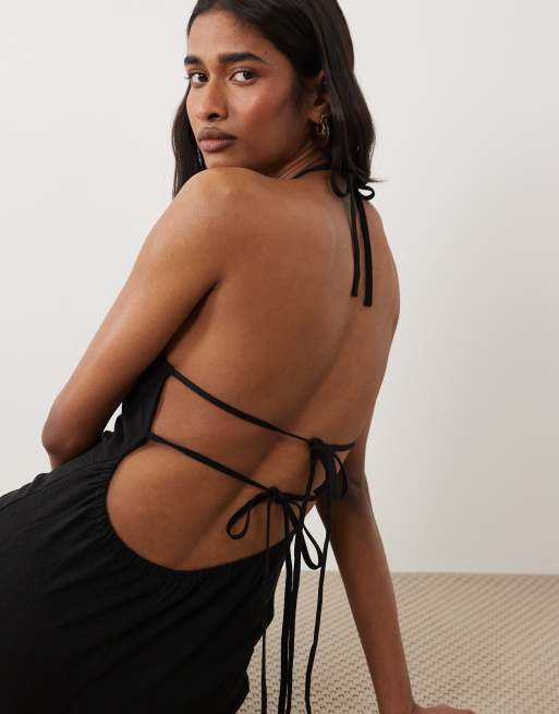 Miss Selfridge - Vestido largo negro con cuello halter de tejido efecto lino, 4 de 4