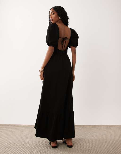 Miss Selfridge - Vestido largo negro de estilo mesonera con mangas abullonadas de sirsaca, 4 de 4
