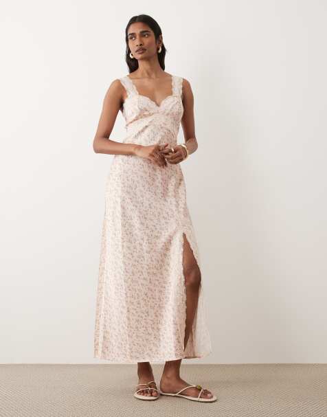 Miss Selfridge - Vestido largo rosa con estampado floral de satén y encaje - view 1