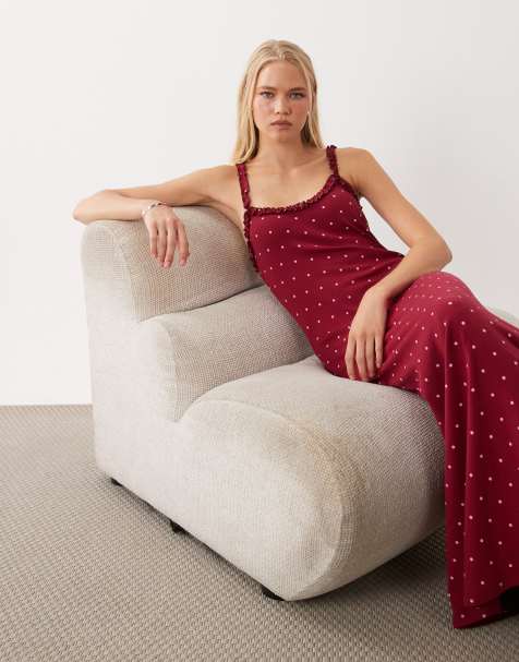 Miss Selfridge - vestido maxi de canalé con tirantes y estampado de lunares - view 1