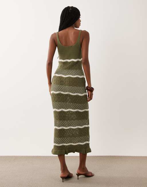 Miss Selfridge - vestido maxi de croché a rayas caqui, 4 de 4