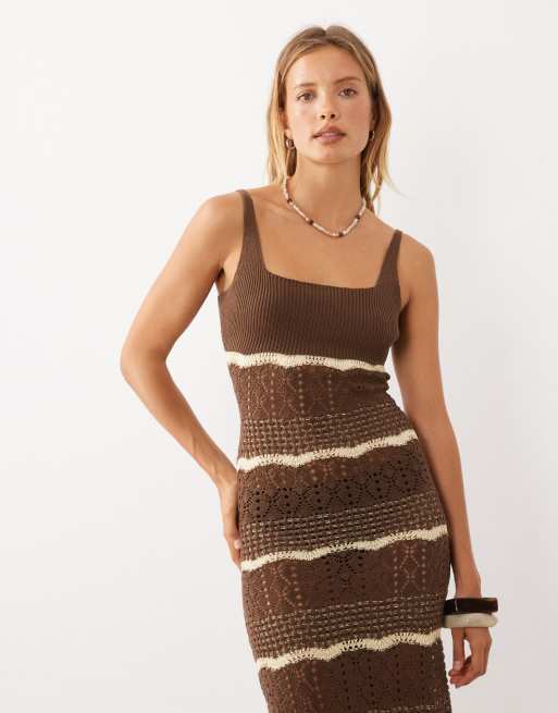 Miss Selfridge - vestido midi de croché a rayas marrón, 3 de 4