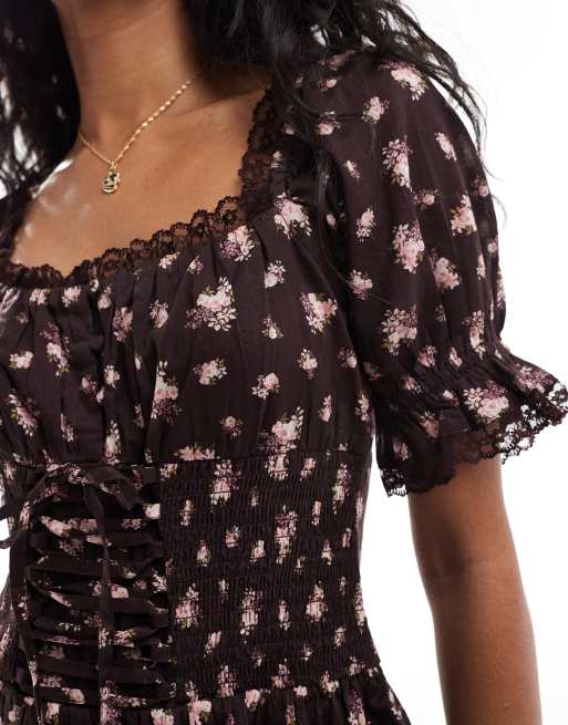 Miss Selfridge - Vestito a corsetto corto a balze marrone a fiorellini , 3 di 4
