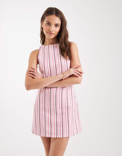 Miss Selfridge - Vestito a trapezio in denim rosa a righe - view 1