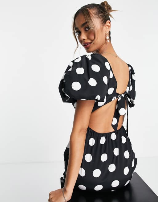 Miss Selfridge - Vestito al polpaccio con maniche extra voluminose a pois monocromatici , 3 di 4