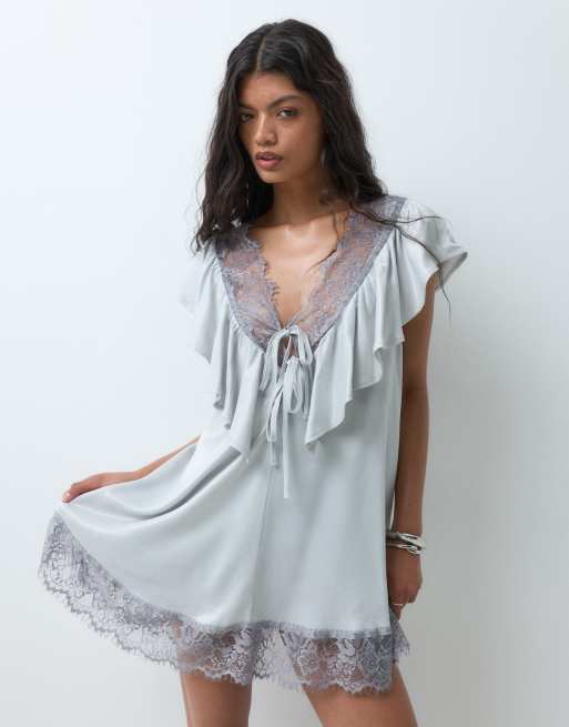 Miss Selfridge vestito babydoll in raso e pizzo grigio, 4 di 5