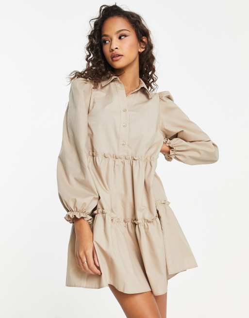 Miss Selfridge - Vestito camicia a punto smock in popeline color daino