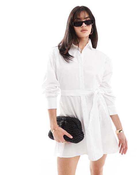 Miss Selfridge - Vestito camicia corto bianco in popeline con cintura - view 1