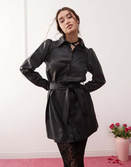 Miss Selfridge - Vestito camicia nero in pelle sintetica con cintura, 3 di 4