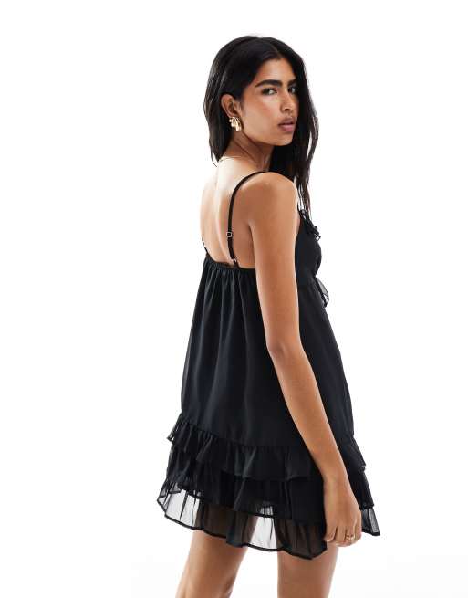 Miss Selfridge - Vestito con spalline sottili nero in chiffon con volant, 4 di 4