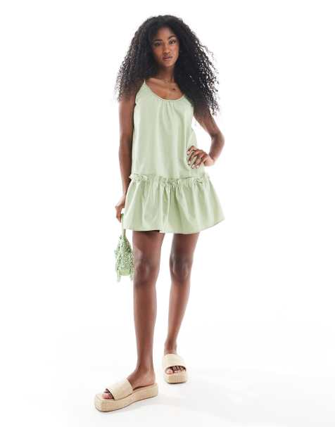 Miss Selfridge - Vestito corto a balze in popeline color salvia - view 1