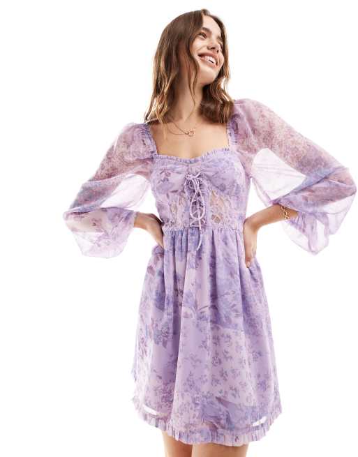 Miss Selfridge - Vestito corto a corsetto in chiffon con lacci e stampa floreale patchwork