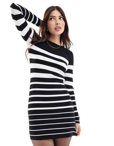 Miss Selfridge - Vestito corto a maniche lunghe in maglia compatta rigata a coste - view 1