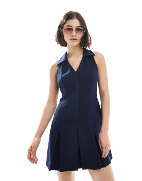 Miss Selfridge - Vestito corto allacciato al collo sartoriale blu navy - view 1