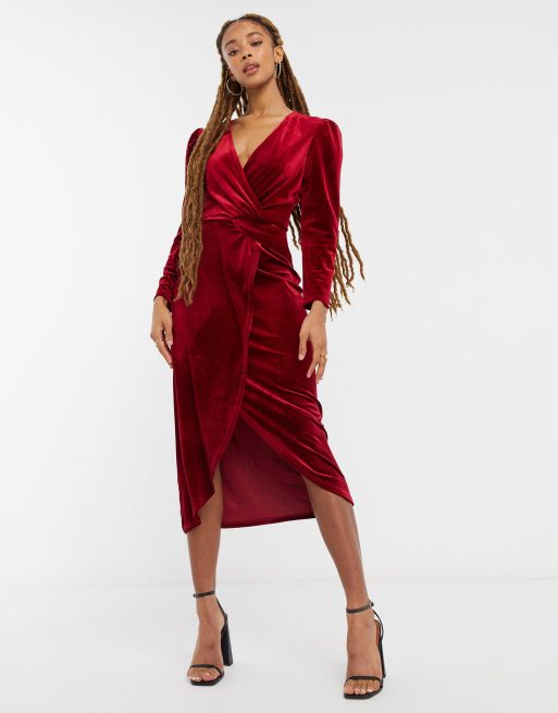 Miss Selfridge - Vestito corto avvolgente in velluto rosso