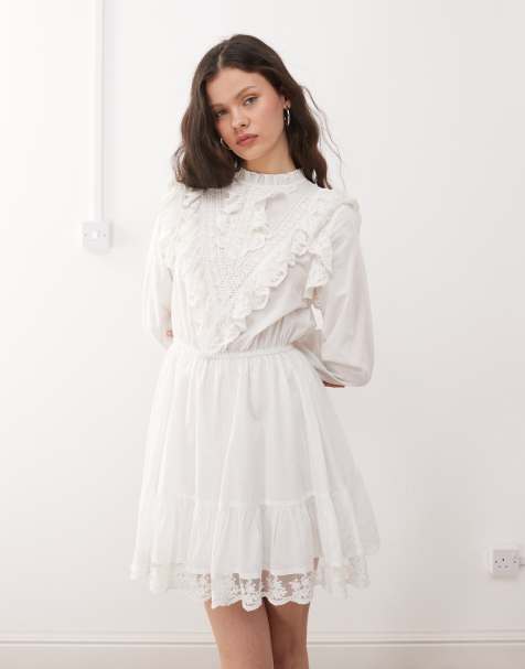 Miss Selfridge - Vestito corto bianco stile vintage con finiture in pizzo - view 1