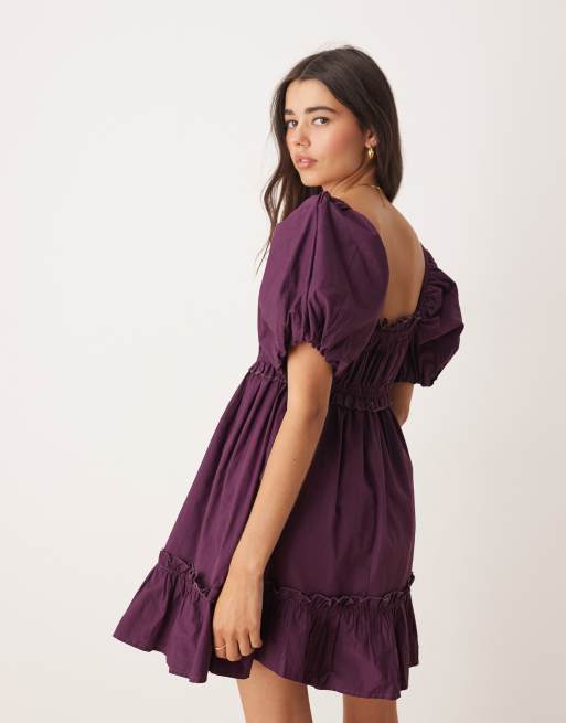 Miss Selfridge - Vestito corto color prugna con maniche a sbuffo, 3 di 4