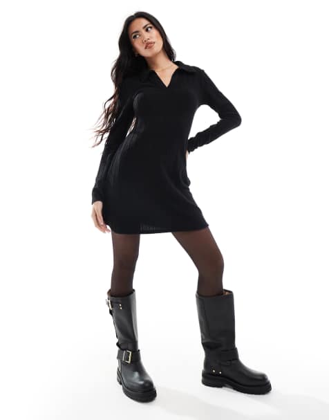 Miss Selfridge - Vestito corto con corpino aderente e gonna svasata nero spazzolato a coste con colletto - view 1