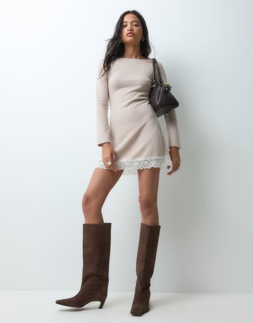 Miss Selfridge vestito corto con maniche svasate e profilo in pizzo color avena, 1 di 5