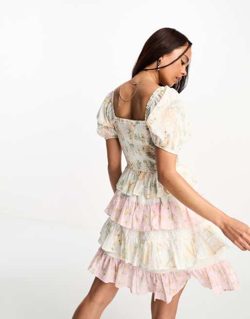 Miss Selfridge - Vestito corto con volant e inserti in pizzo con stampa mista, 4 di 4