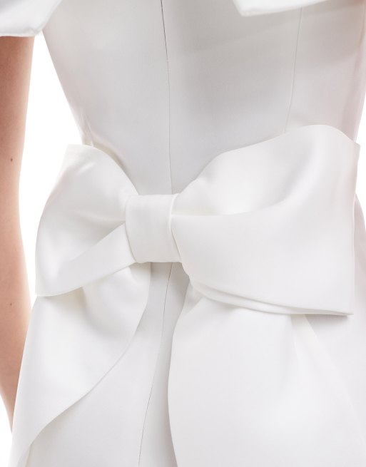 Miss Selfridge - Vestito corto da cerimonia color avorio con scollo Bardot e fiocco sul retro, 3 di 4