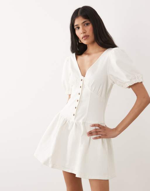 Miss Selfridge - Vestito corto di jeans con maniche a sbuffo écru, 3 di 4