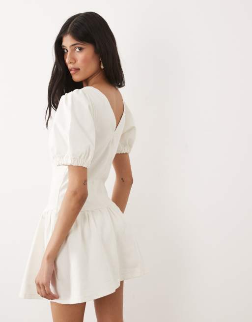 Miss Selfridge - Vestito corto di jeans con maniche a sbuffo écru, 4 di 4