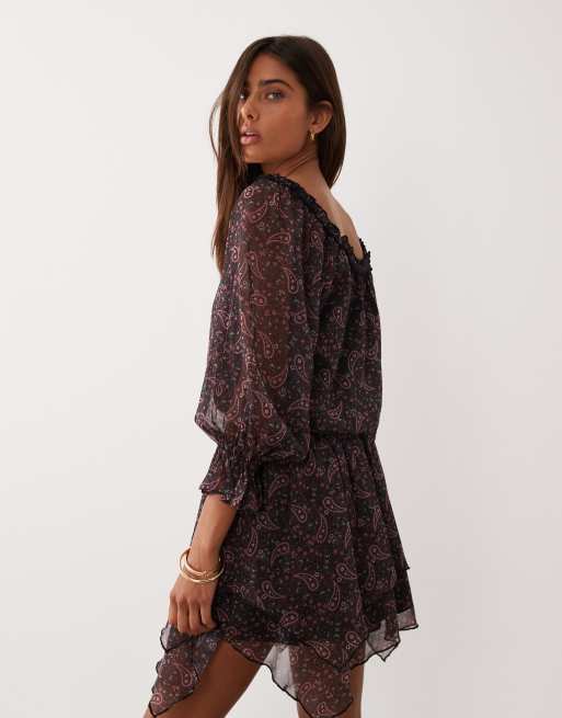 Miss Selfridge - Vestito corto in chiffon con stampa cachemire e scollo alla Bardot, 3 di 4