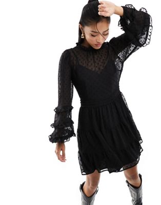 Miss Selfridge dobby chiffon ruffle mini dress in black - ASOS Price Checker