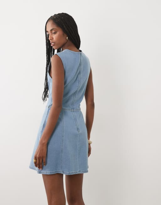 Miss Selfridge - Vestito corto in denim aderente lavaggio medio, 4 di 4