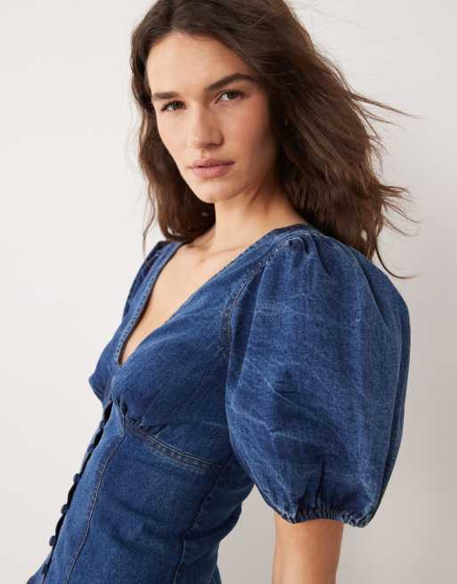 Miss Selfridge - Vestito corto in denim blu indaco con maniche a sbuffo, 2 di 4