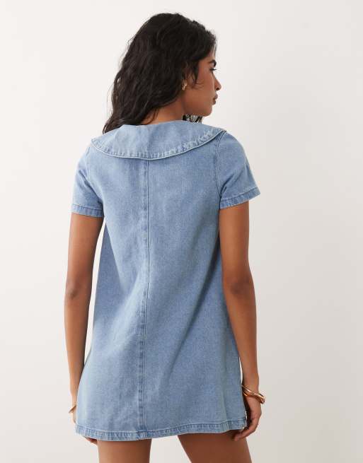 Miss Selfridge - Vestito corto in denim lavaggio blu con colletto e laccetti, 4 di 4