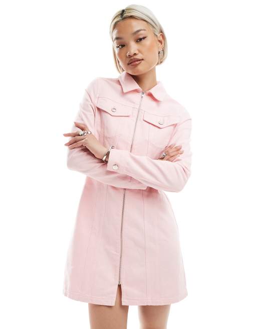 Miss Selfridge - Vestito corto in denim rosa chiaro con zip, 2 di 4