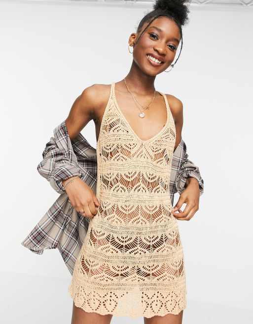 Miss Selfridge - Vestito corto in maglia all'uncinetto color cuoio